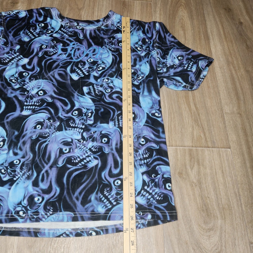 Empyre Mens XL Boxy Blue Purple Flaming Skull All Over Print Rhinestone T-Shirt - Picture 6 of 6